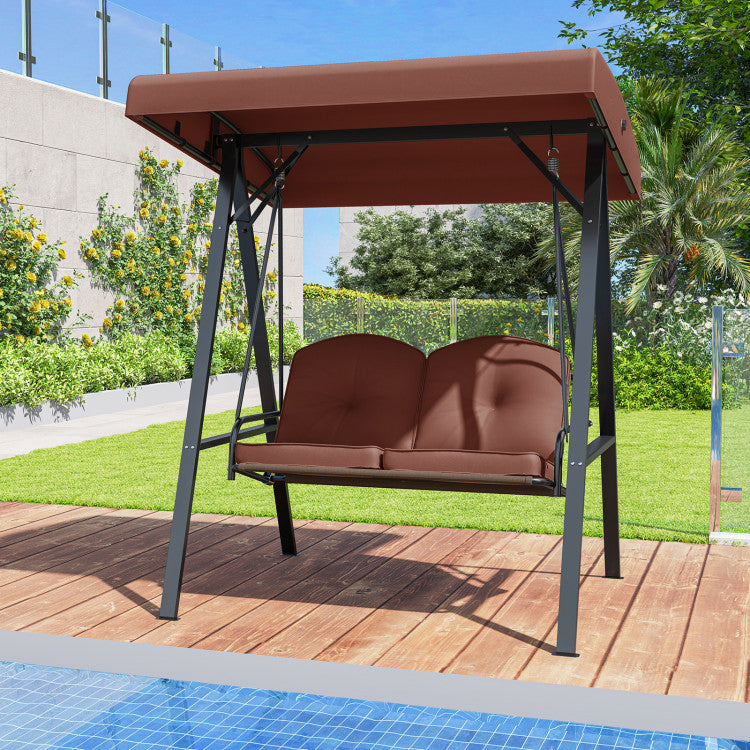 2-Person Outdoor Porch Swing with A-Shaped Metal Stand and Adjustable Canopy