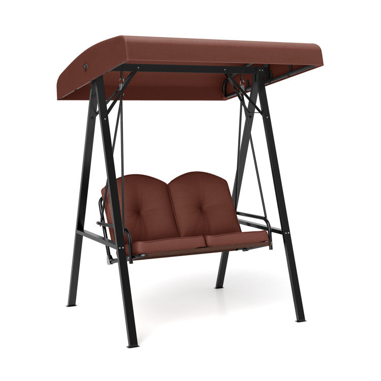 2-Person Outdoor Porch Swing with A-Shaped Metal Stand and Adjustable Canopy