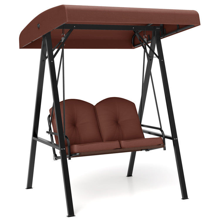 2-Person Outdoor Porch Swing with A-Shaped Metal Stand and Adjustable Canopy