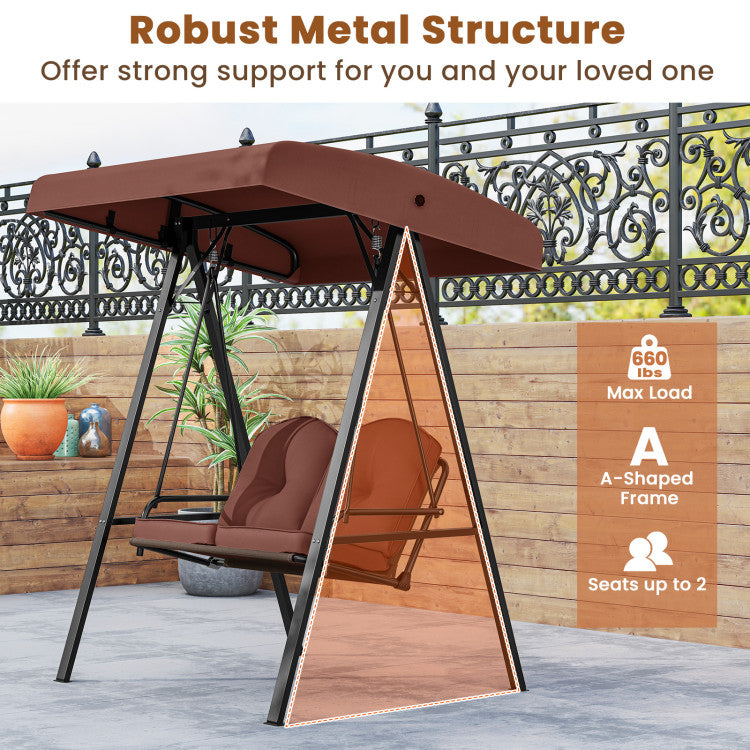 2-Person Outdoor Porch Swing with A-Shaped Metal Stand and Adjustable Canopy