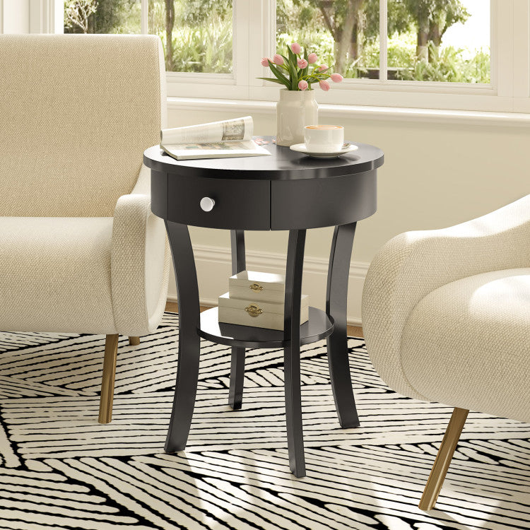 2-Tier Wood Round End Table with Open Drawer