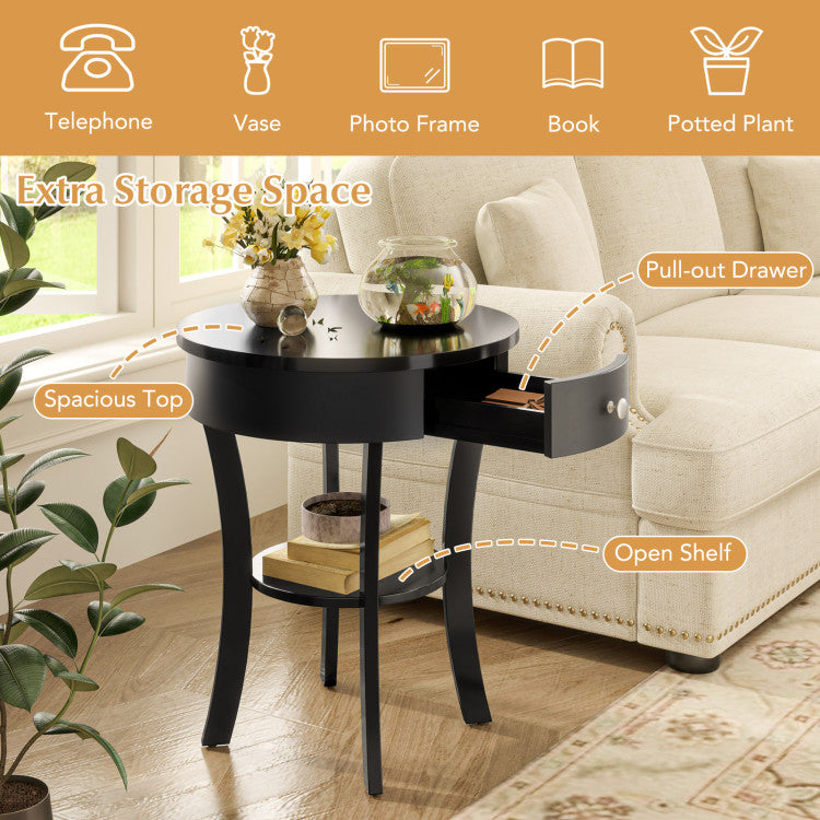 2-Tier Wood Round End Table with Open Drawer