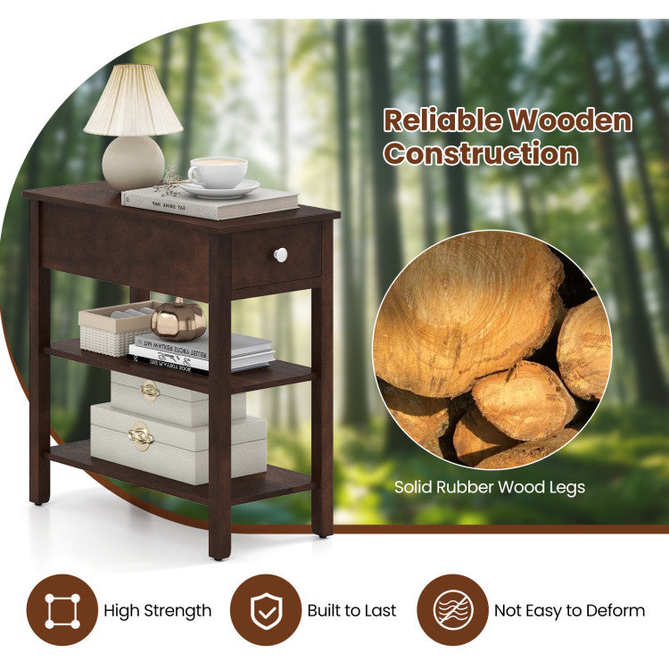 3-Tier Narrow End Table with Drawer and Storage Shelves