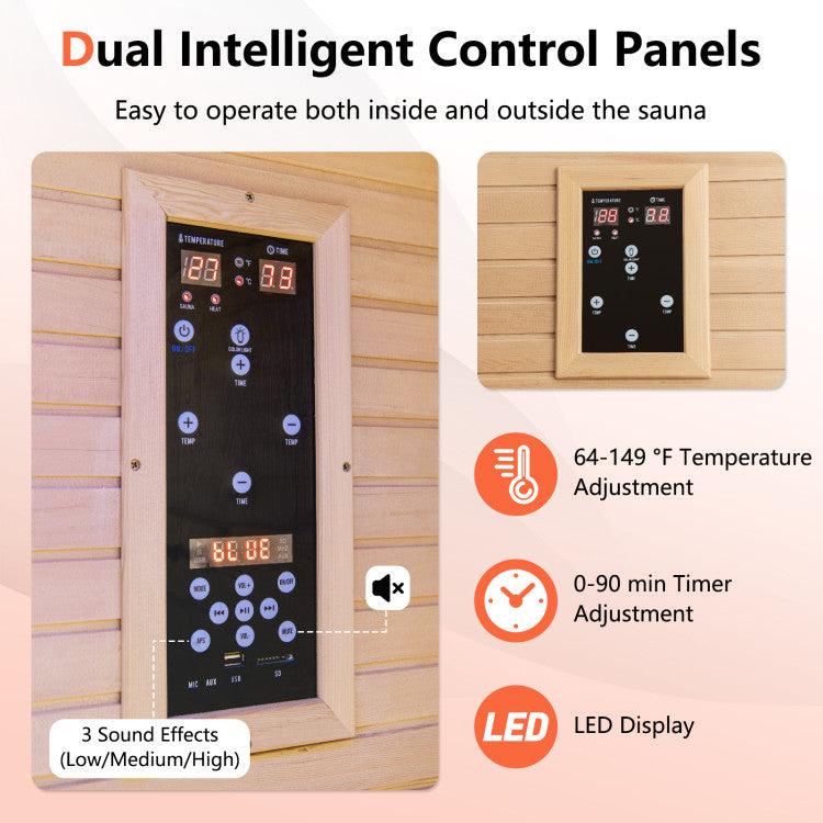 New 2 People Far Infrared Wooden Sauna Room with Free Red Light Therapy for Home