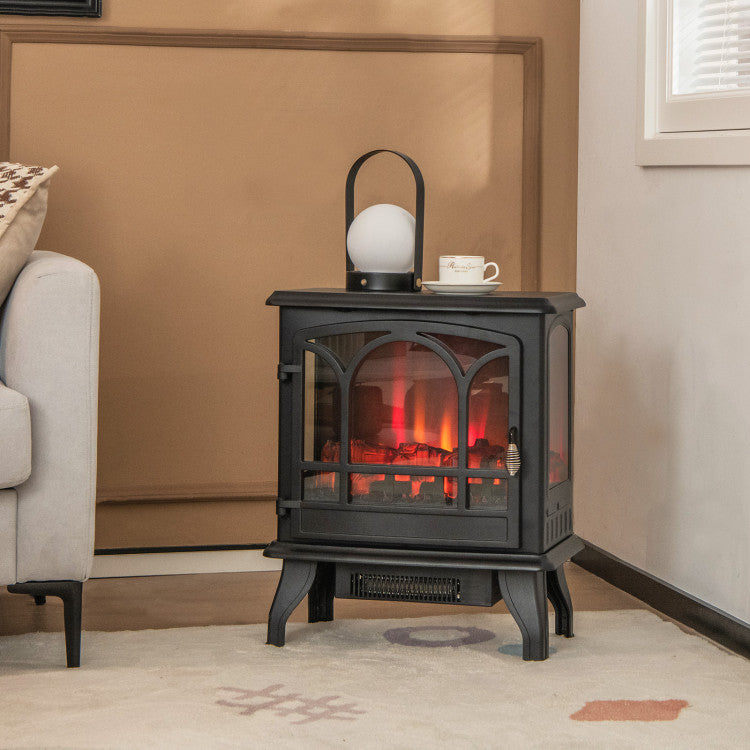 1400W Electric Stove Heater with 3-Level Flame Effect and 3-Sided View