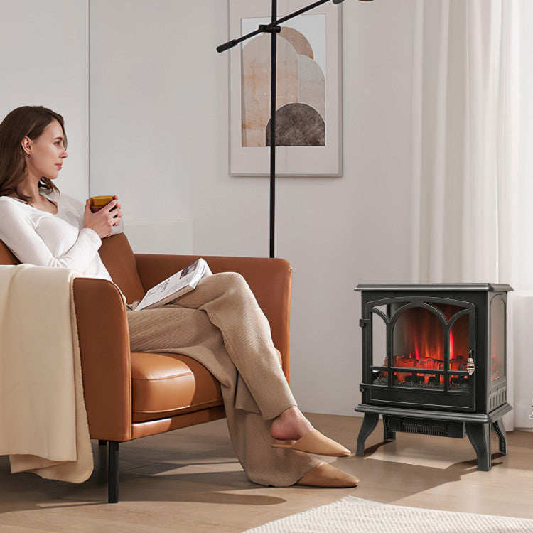 1400W Electric Stove Heater with 3-Level Flame Effect and 3-Sided View