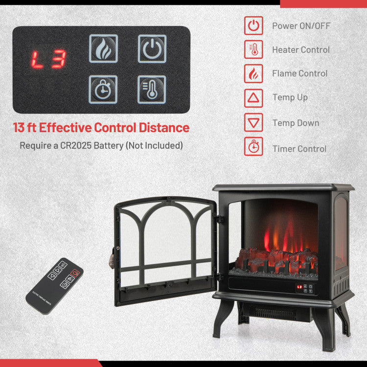 1400W Electric Stove Heater with 3-Level Flame Effect and 3-Sided View