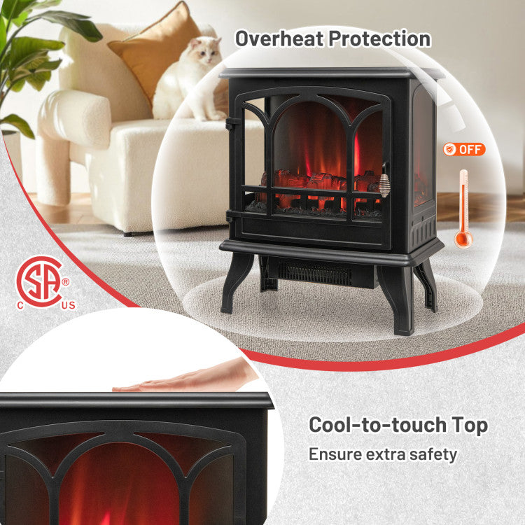 1400W Electric Stove Heater with 3-Level Flame Effect and 3-Sided View