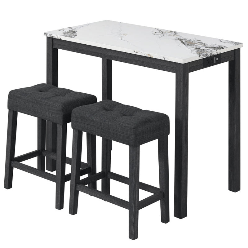3-Piece Bar Table Set with Charging Station and Faux Marble Top
