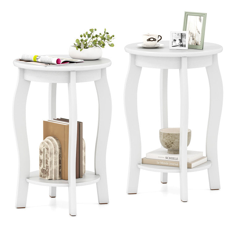 Set of 2 15 Inch 2-Tier Round End Table with Storage Shelf
