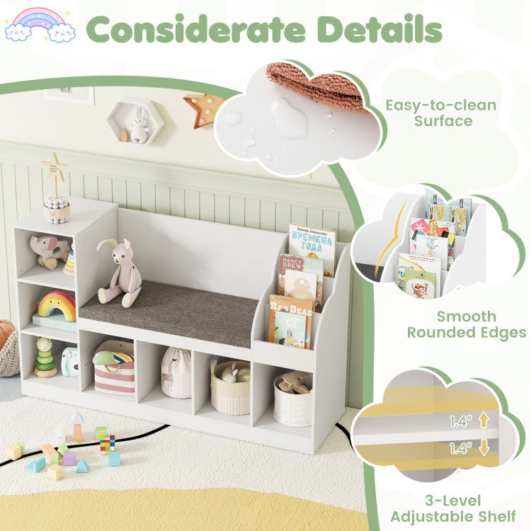 Kids Bookcase with Reading Nook 3-in-1 Standing Toy Organizer