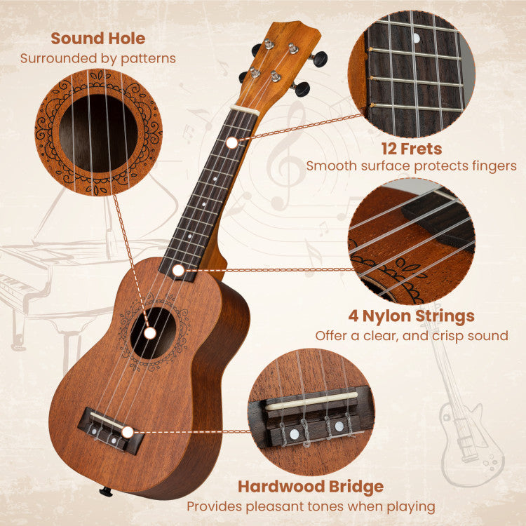 21 Inch Soprano Mahogany Wooden Ukelele Set with Adjustable Strap