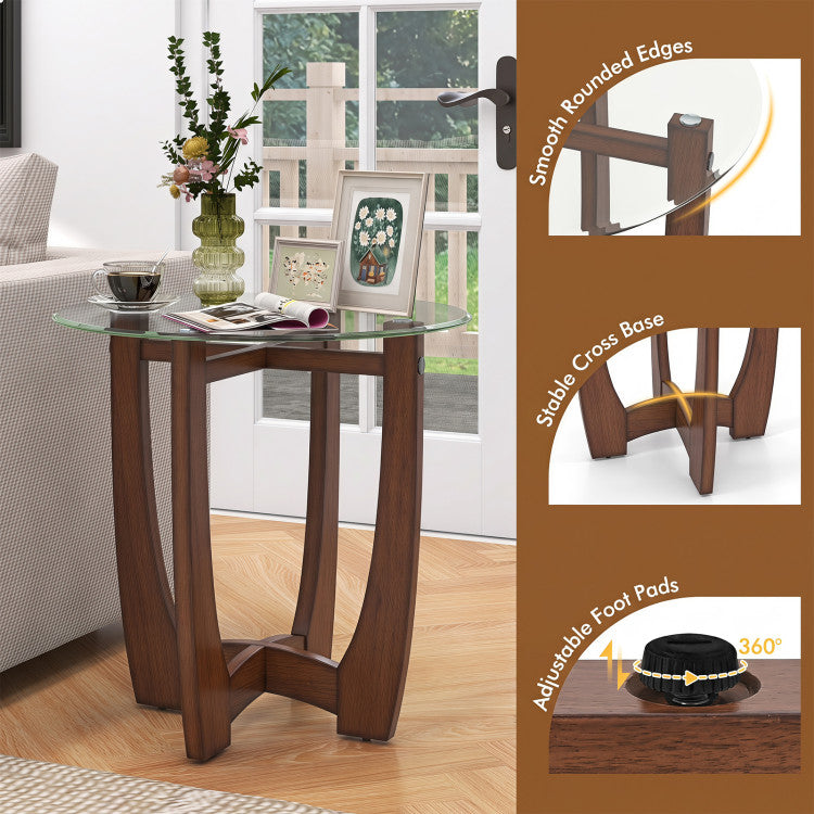 23.5 Inch Round End Side Table with Tempered Glass Tabletop
