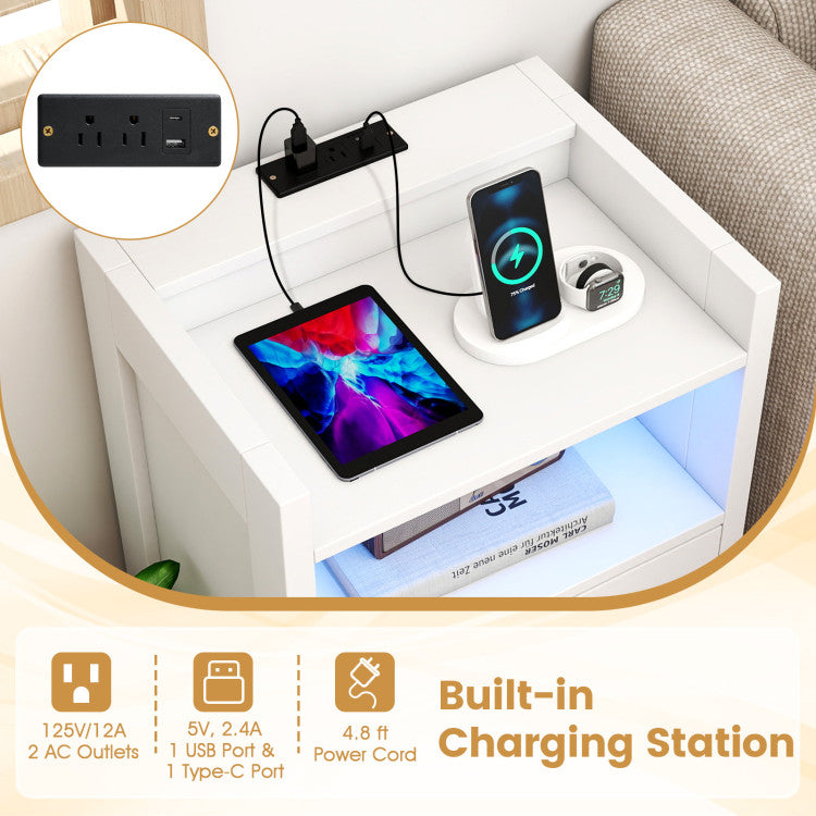 23.5 Inches Nightstand with Charging Station and Open Storage Shelf