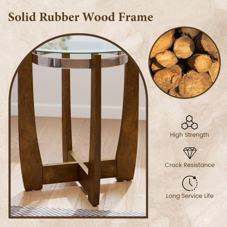 24 Inches Round Side Table with Tempered Glass Top and Solid Rubber Wood Base