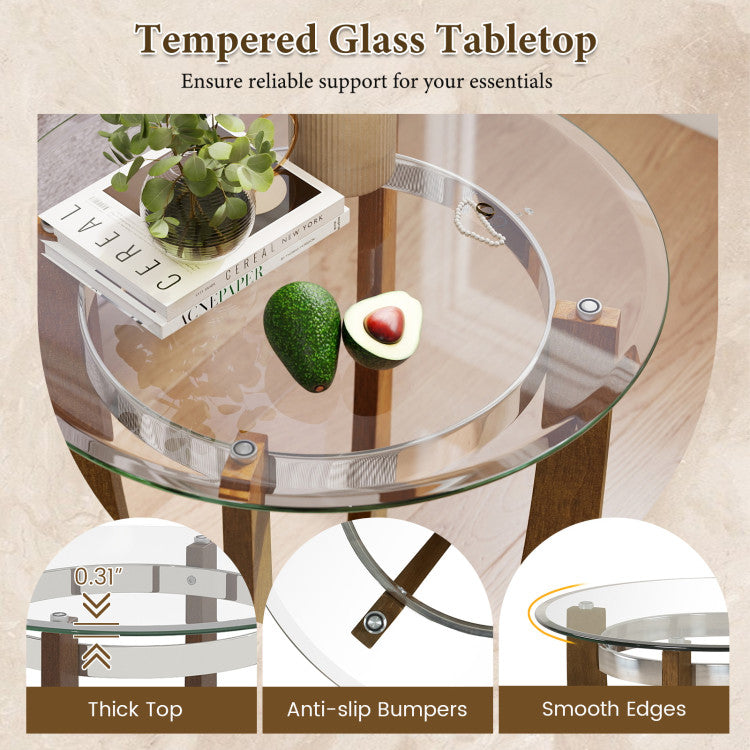 24 Inches Round Side Table with Tempered Glass Top and Solid Rubber Wood Base