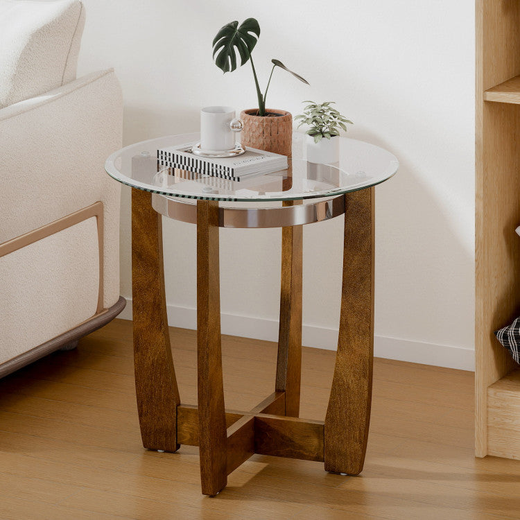 24 Inches Round Side Table with Tempered Glass Top and Solid Rubber Wood Base
