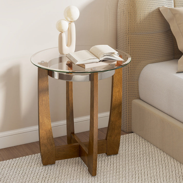 24 Inches Round Side Table with Tempered Glass Top and Solid Rubber Wood Base