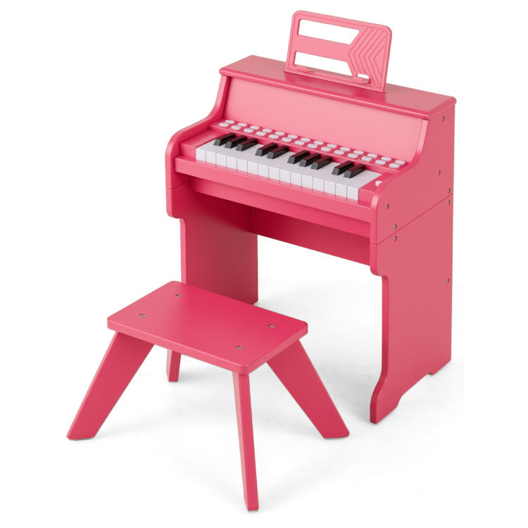 25 Keys Kids Piano Keyboard with Stool Mini Digital Piano Wooden Toy with Adjustable Speed and Volume