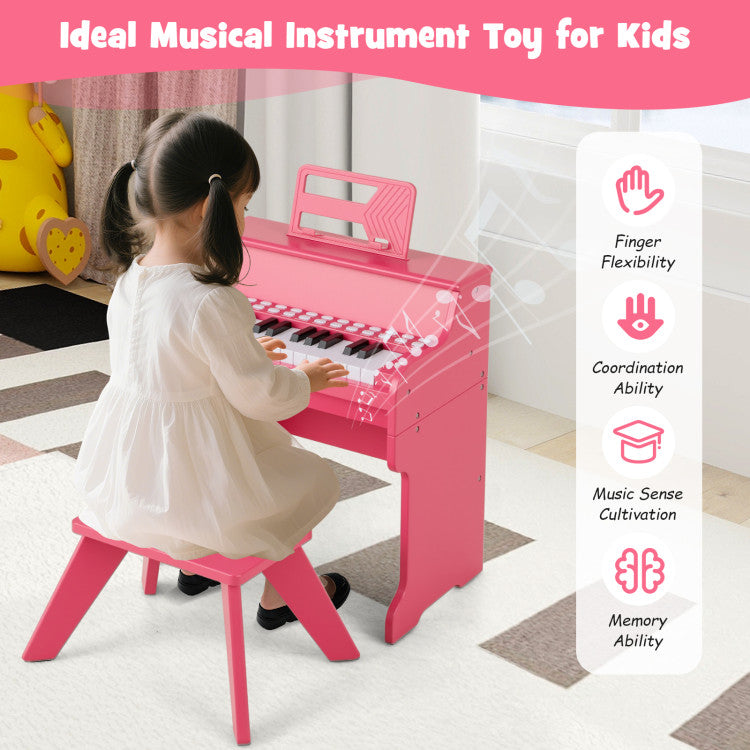 25 Keys Kids Piano Keyboard with Stool Mini Digital Piano Wooden Toy with Adjustable Speed and Volume