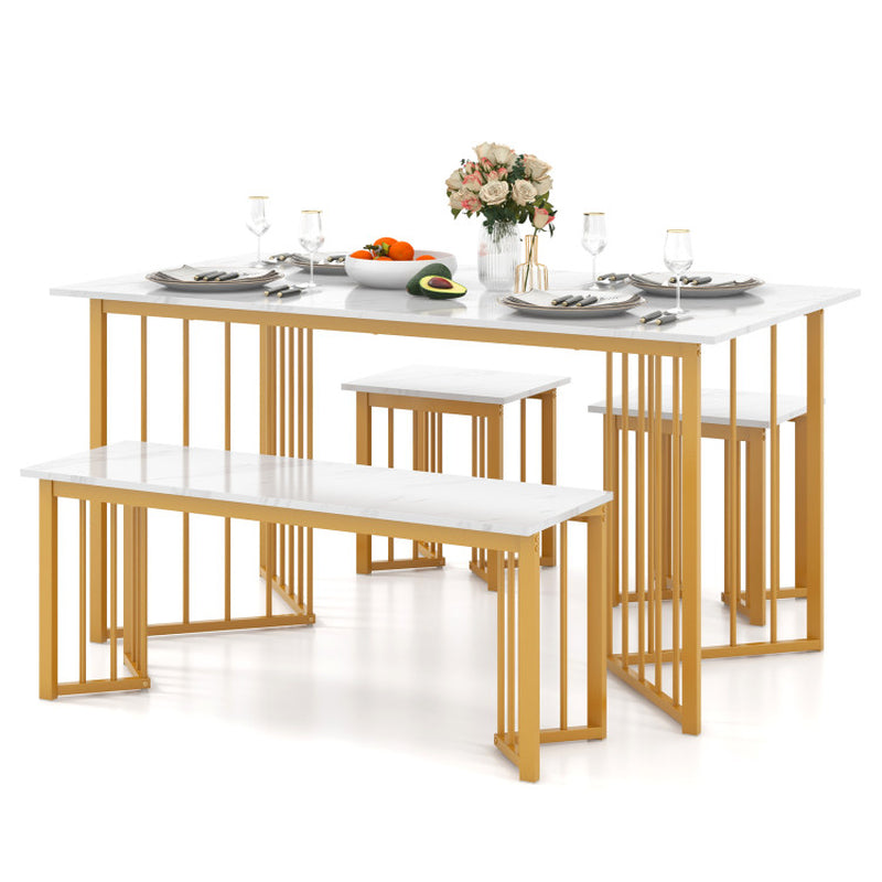 4 Piece Dining Table Set with Bench and 2 Stools