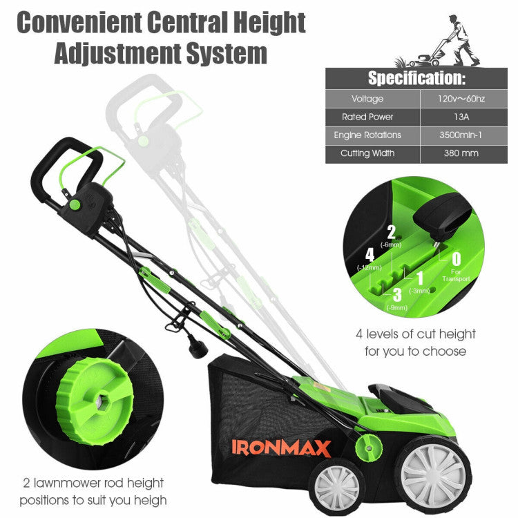 15 Inch 13 Amp Electric Scarifier with Collection Bag and Removable Blades