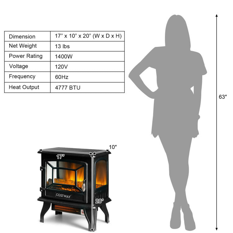 17 Inch Freestanding Electric Stove Fireplace Heater with 3 Side View