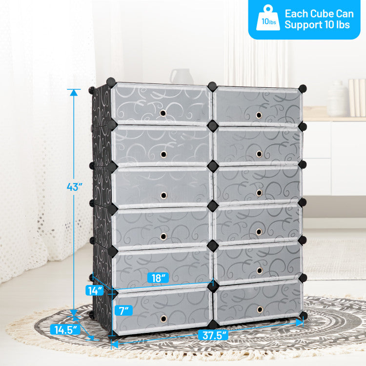 12-Cube DIY Portable Plastic Shoe Rack with 6-Tier Transparent Doors