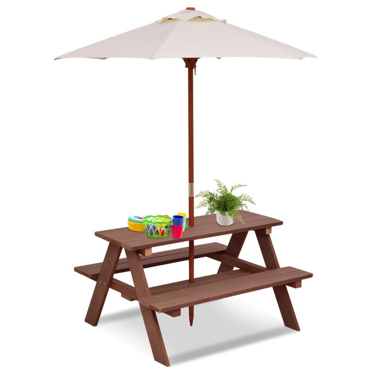 Outdoor 4-Seat Kids Picnic Table Bench Set with Removable Umbrella