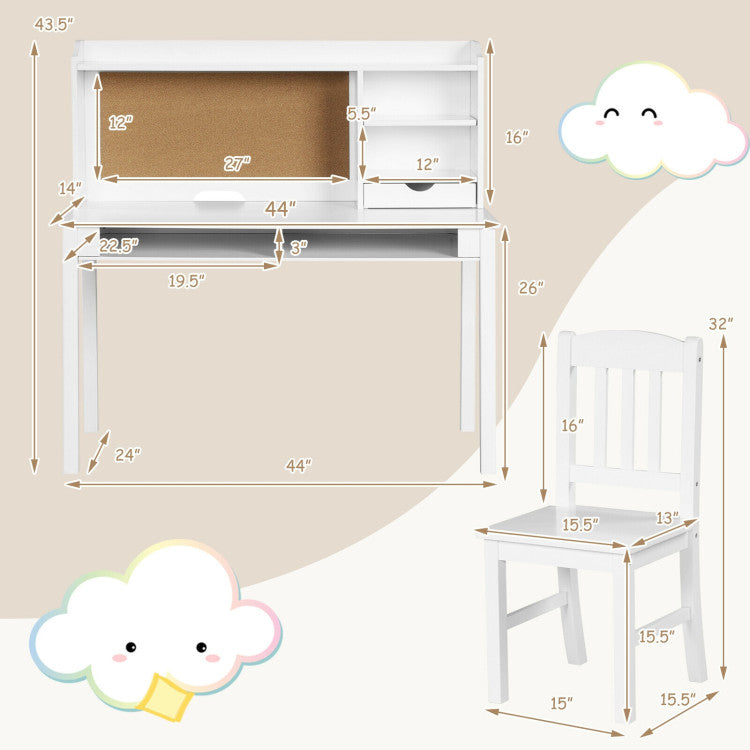 Kids Desk and Chair Set Study Writing Desk with Hutch and Bookshelves