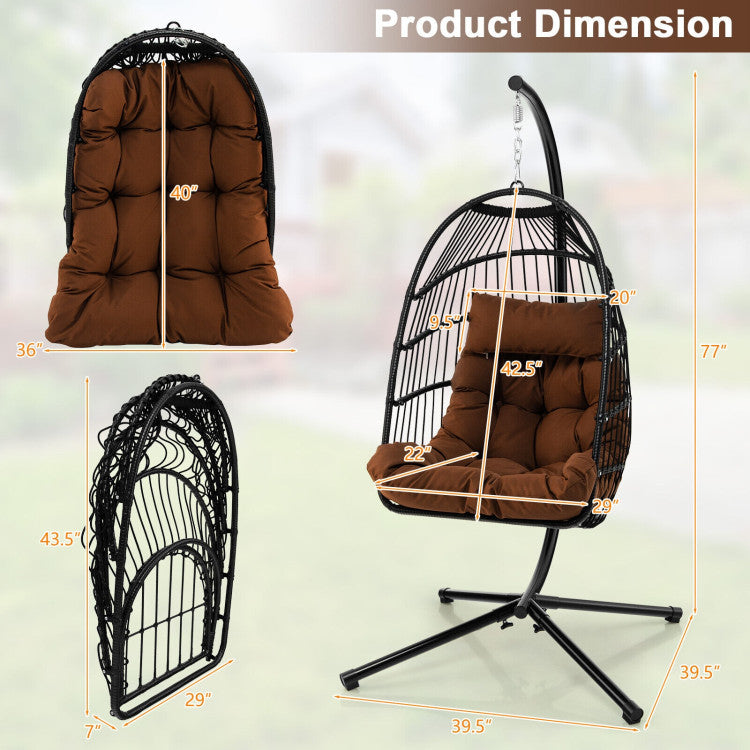 Patio Hanging Egg Chair with Stand Waterproof Cover and Folding Basket