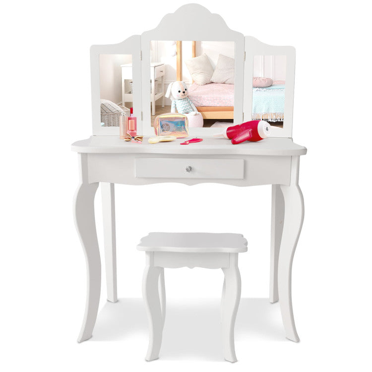 Kids Dressing Vanity Set with Detachable Tri-Folding Mirror and Stool