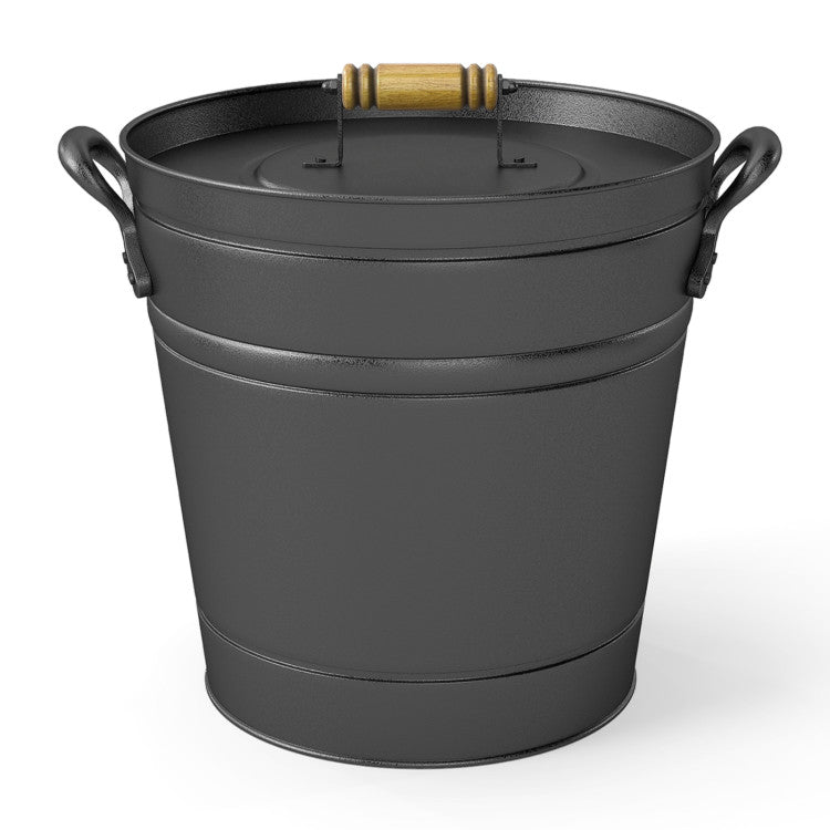 2.9 Gallon Metal Coal Ash Can with Wooden Lid and Side Grips for Fireplace Fire Pits