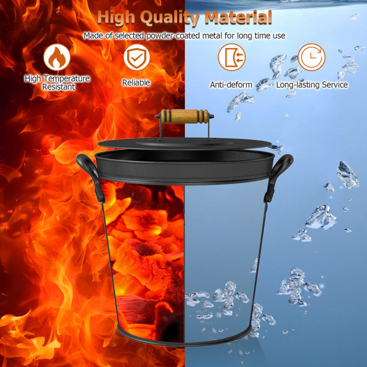 2.9 Gallon Metal Coal Ash Can with Wooden Lid and Side Grips for Fireplace Fire Pits