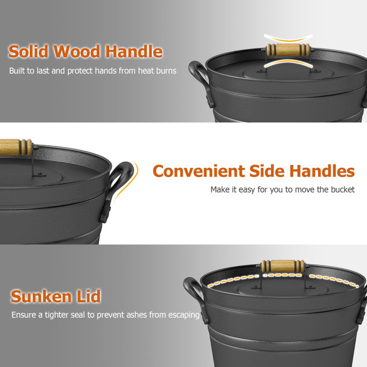 2.9 Gallon Metal Coal Ash Can with Wooden Lid and Side Grips for Fireplace Fire Pits