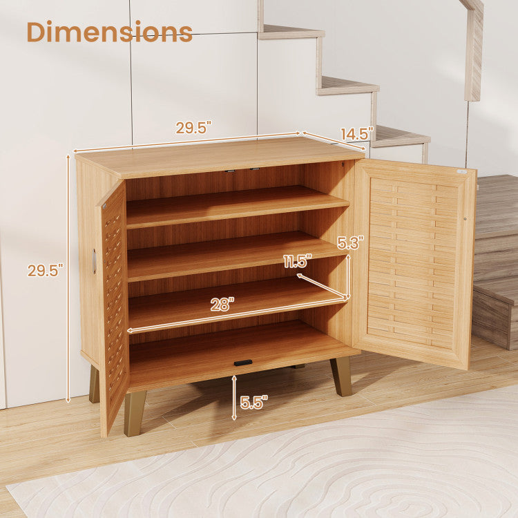 2-Door 4-Tier Shoe Cabinet Storage Organizer with Ventilated Woven Doors