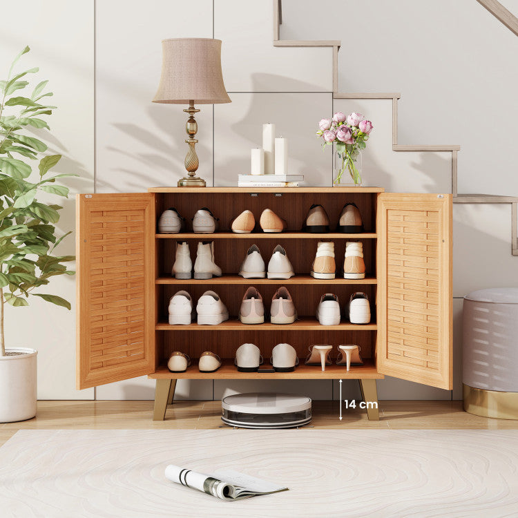 2-Door 4-Tier Shoe Cabinet Storage Organizer with Ventilated Woven Doors