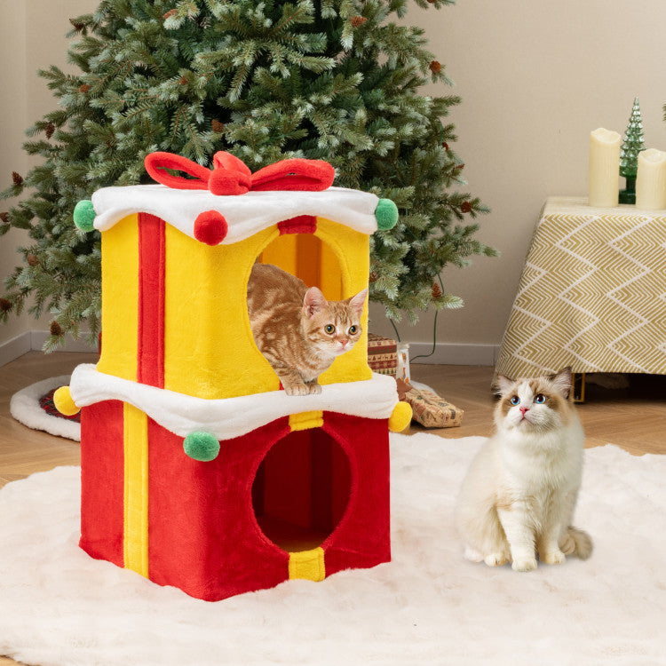 2 Gift Box Shaped Cute Christmas Cat House with Bow