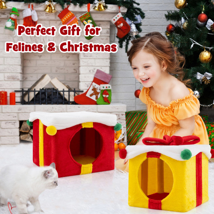 2 Gift Box Shaped Cute Christmas Cat House with Bow