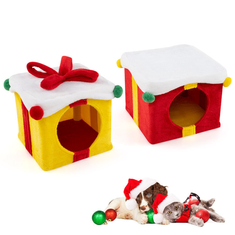 2 Gift Box Shaped Cute Christmas Cat House with Bow