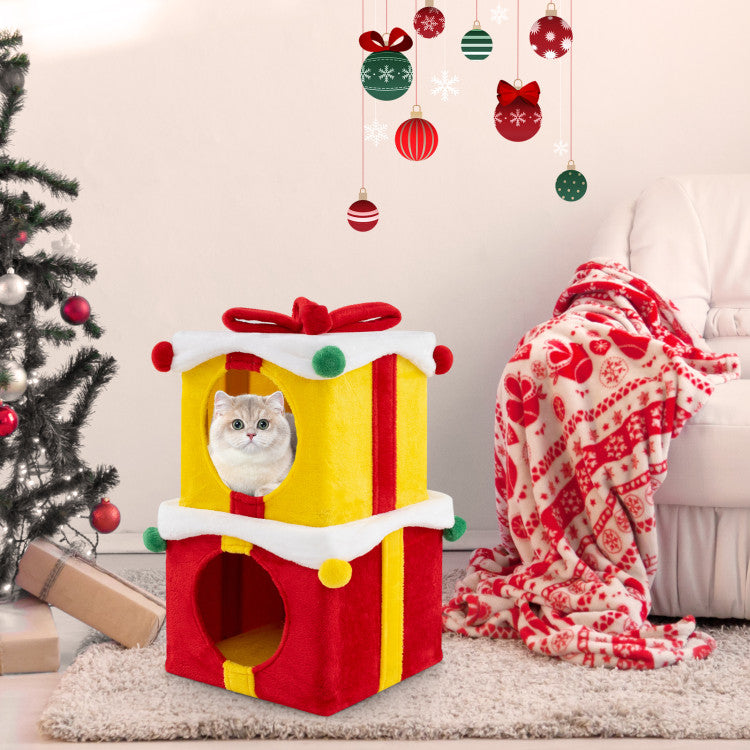 2 Gift Box Shaped Cute Christmas Cat House with Bow