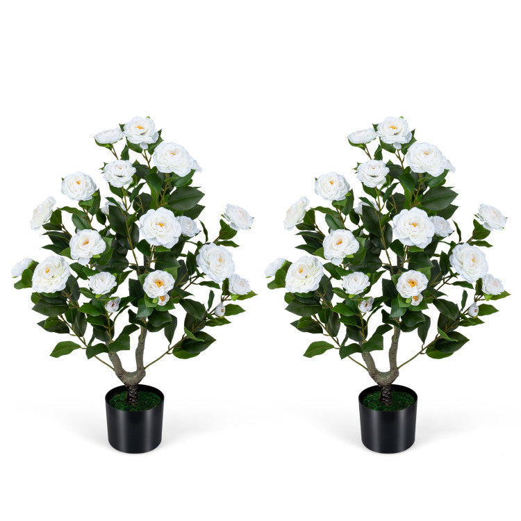 2-Pack Artificial Camellia Tree Faux Flower Plant in Cement-Filled Pot