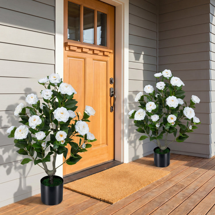 2-Pack Artificial Camellia Tree Faux Flower Plant in Cement-Filled Pot