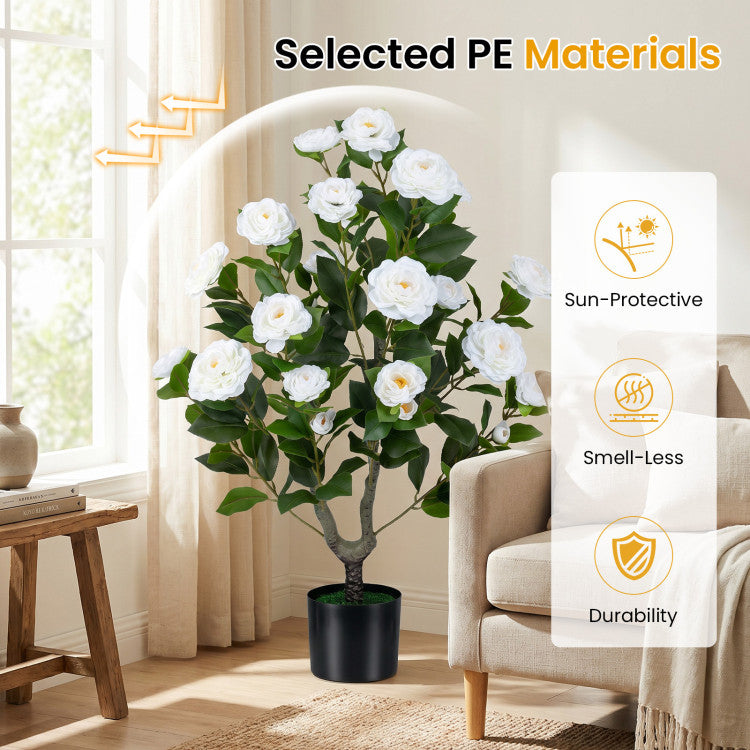 2-Pack Artificial Camellia Tree Faux Flower Plant in Cement-Filled Pot