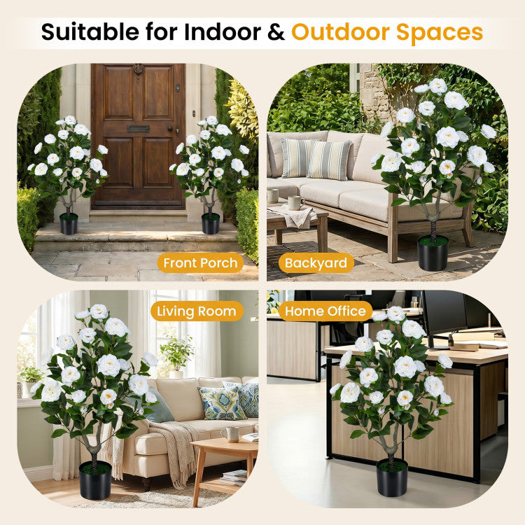 2-Pack Artificial Camellia Tree Faux Flower Plant in Cement-Filled Pot