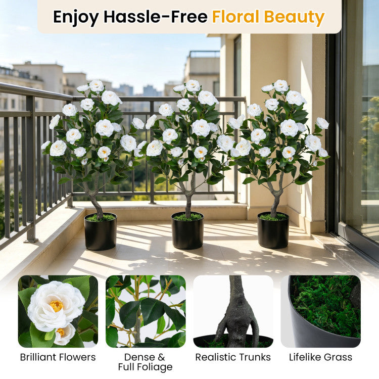 2-Pack Artificial Camellia Tree Faux Flower Plant in Cement-Filled Pot