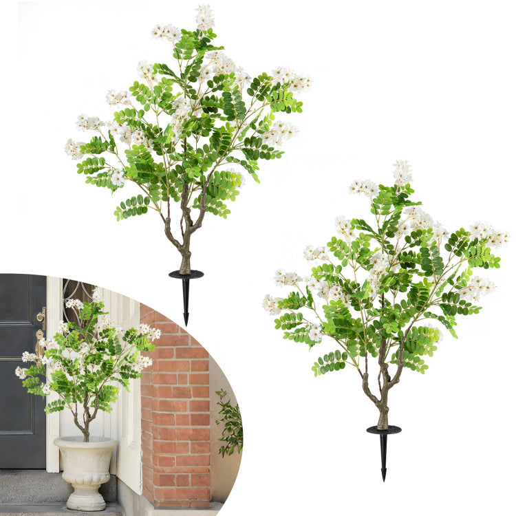 2 Pack Artificial Locust Flower Trees 39 Inch Fake Evergreen Shrubs with Ground Spikes