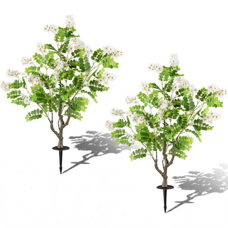 2 Pack Artificial Locust Flower Trees 39 Inch Fake Evergreen Shrubs with Ground Spikes