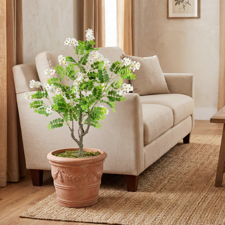 2 Pack Artificial Locust Flower Trees 39 Inch Fake Evergreen Shrubs with Ground Spikes