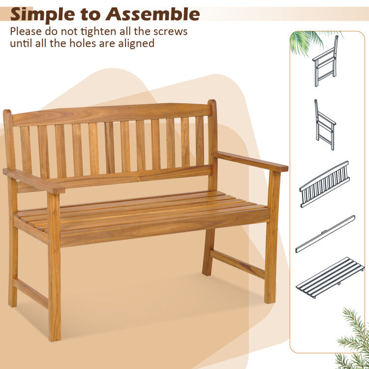 2-Person Patio Acacia Wood Bench with Backrest and Armrests